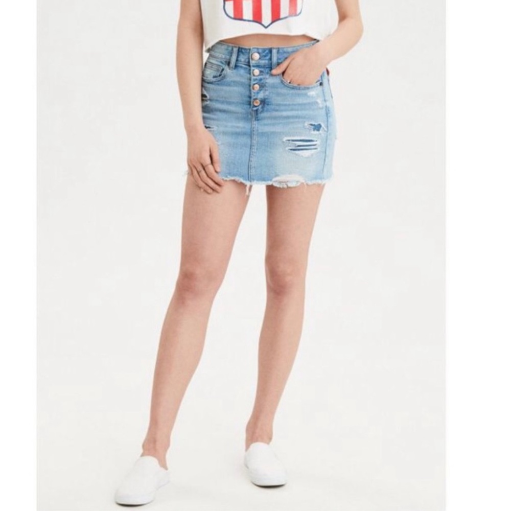 American Eagle Super Stretch X Mini Distressed Skirt Button Fly Blue Size 6